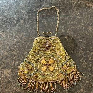 Embroidered Beaded Evening Bag - Gold and Brown